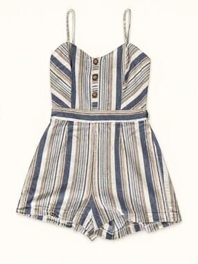 HAVE Blue Beige Striped Linen-Blend Tie-Waist Romper Size S
